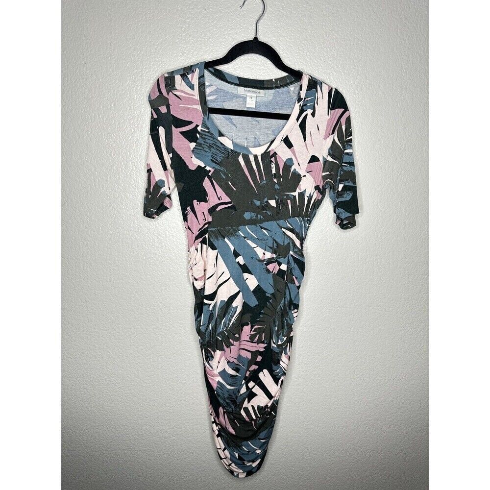 Motherhood Maternity Dress Womens Small Ruched Tropical Leaf Print Summer Casual